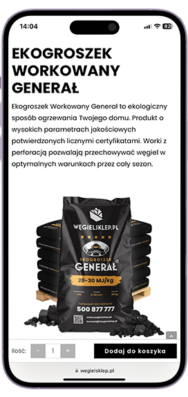 Case Study WęgielSklep - Mockup Aplikacji Mobilnej - Strona Produktowa Generał