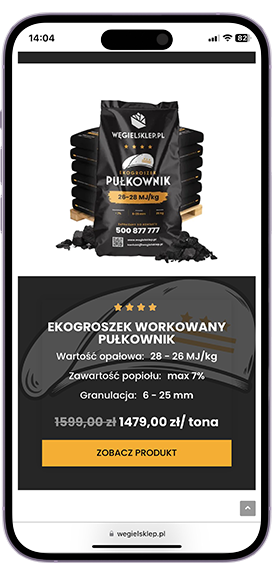 Case Study WęgielSklep - Mockup Aplikacji Mobilnej - Menu Produktów